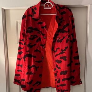 Red and Black Camouflage Button-Up Shirt